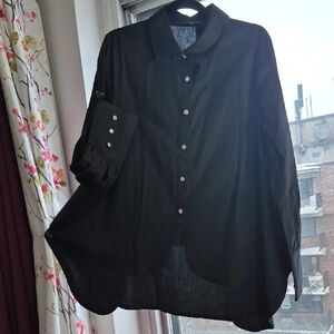 100% Cotton Black Women's Blouse Rhinestone Buttons A Flare PTP 21" US M